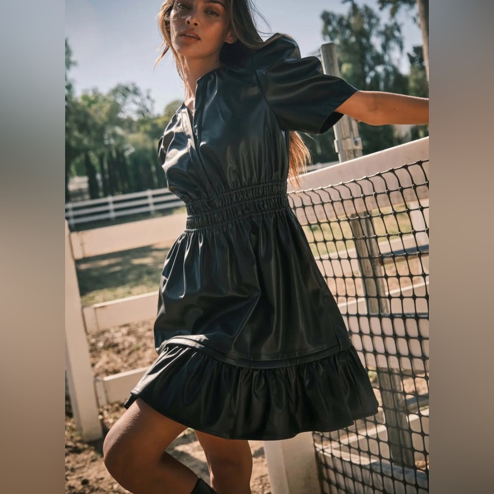 Ces Femme Vegan Faux Leather Dress Ruffles Short Balloon Sleeves Black